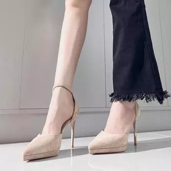 One word with waterproof table hollow high heels women s French 2024 new thin heel pointed black single shoes versatile sandals 34