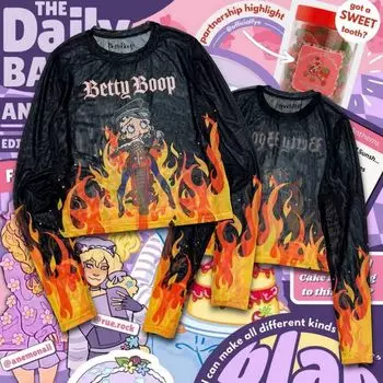 Only One Batch of European American Asian Culture Flame Sexy Print Mesh T-shirt Millennium Sexy See-through Long Sleeve Slim-Fit Top A:Betty Boop L