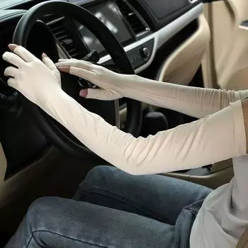 Open Finger Touch Screen Sun Protection Gloves Pure Cotton Breathable Sweat-Absorbent Driving Cold Arm Sleeve Exposed Two Fingers Cycling Women Beige All yards