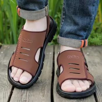 Open Toe Men s Sandals New Beach Shoes Cowhide Slippers Outdoor Non-Slip Thick Soled Genuine Leather Sandals Summer Sandals 38 чёрный