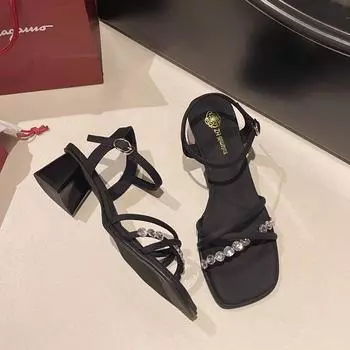 Open-toed rhinestone high-heeled sandals commuting summer fashion going out thick heel square head one-word buckle with skirt women s shoes 34