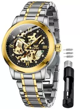 OPK Watch for Men Automatic Manual Winding Mechanical Watch Stainless Steel Openwork Fashion Waterproof Luminous Watch for men Black & White
