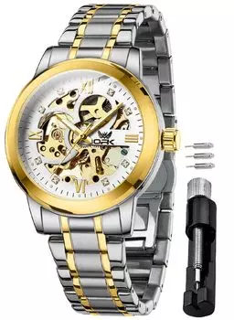 OPK Watch for Men Automatic Manual Winding Mechanical Watch Stainless Steel Openwork Fashion Waterproof Luminous Watch for men White
