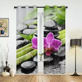 Orchid Dewdrop Zen Stone Arrow Bamboo Curtains for Bedroom Living Room Drapes Kitchen Children s Room Window Curtain Home Decor 135W x 60H(cm) x1