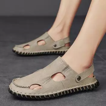 Original high-end leather bag head sandals, men s two wear cool slippers, large size. 38 песочный