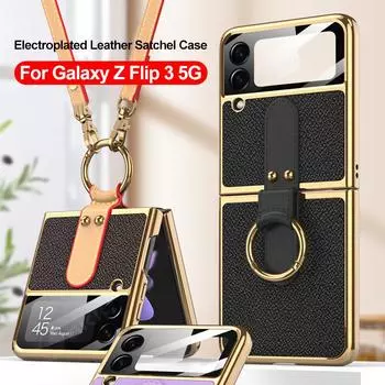 Оригинальный чехол для Samsung Galaxy Z Flip 3 5g, роскошный кожаный ремешок с покрытием, кольцо-подставка, жесткий чехол для Samsung Z Flip 3 5g Only Case