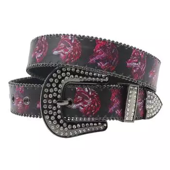 Оригинальный дизайн Y2K Wolf Head Rhinestone Printed Belt Y2K Trendy Pu Leather Belt 105cm синий
