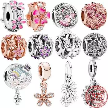 Original S925 Sterling Silver Gradient Enamel Pink Purple White Daisy Pav Charm Fit Fashion 3mm Bracelet Diy Rose Bead Jewelry