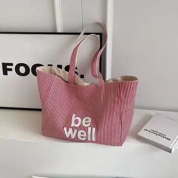 Original Stripes Simple Casual All-Match Canvas Bag Red Stripes (beige interior)