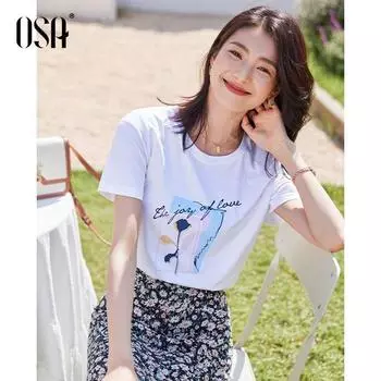 OSA Белый для летней моды Приталенная футболка с принтом и коротким рукавом White XS