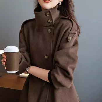 Осень и зима Новое шерстяное пальто Майяра для женщин Корейская версия Fashion Sense Свободное шерстяное пальто со шнуровкой для женщин M темно-коричневого