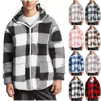 Осень-зима Ethos Plaid Casual с длинными рукавами и капюшоном кардиган на молнии пальто XXL розовый