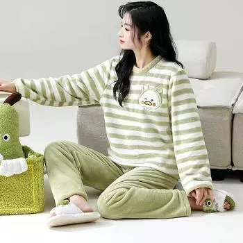 осень зима Коралловый бархат А-класса с длинным рукавом Женская пижама Утолщенные пуловеры Мультяшные полосы Повседневная домашняя одежда Костюм Пижамы M