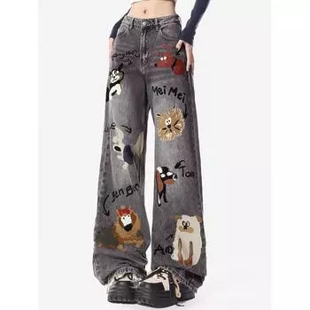 Осень-зима Новые мешковатые джинсы женские американские High Street прямые женские джинсы с рисунком женские брюки с высокой талией S чёрный