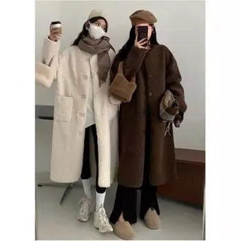 Осенне-зимнее пальто из искусственной овечьей шерсти, женское, с круглым вырезом, средней и длинной длины, новое пальто из искусственной овечьей шерсти, маленькое шерстяное пальто S коричневый