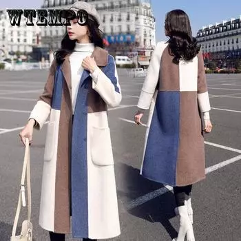 Осенне-зимнее женское утолщенное свободное шерстяное пальто в корейском стиле с цветными блоками, стеганое шерстяное пальто средней длины XXXL