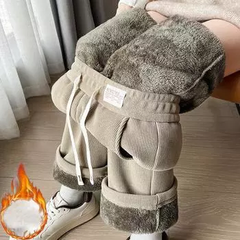 Осенне-зимние теплые прямые брюки женские зимние плюшевые флисовые термоэластичные женские вельветовые свободные брюки женская плотная одежда M