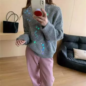 Осенне-зимний ретро-свитер с пайетками и ажурной вязкой one size fits all
