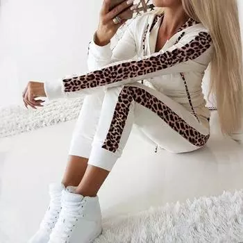 Осенне-зимний женский костюм с карманом и длинными рукавами плюс бархатный принт с капюшоном на молнии, брючный костюм 2XL белый