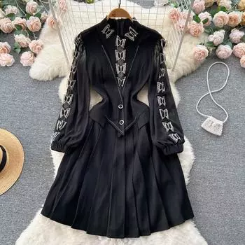 Осеннее новое украшение с бантом Senior Sense Goddess Model Design Sense плиссированное платье с длинными рукавами
