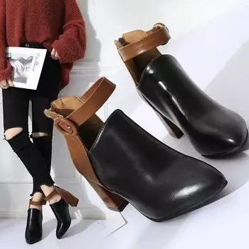 Осенние женские ботильоны, черные, большого размера, с острым носком, модные ботинки, повседневные женские ботинки из искусственной кожи с пряжкой и молнией сзади 35 чёрный