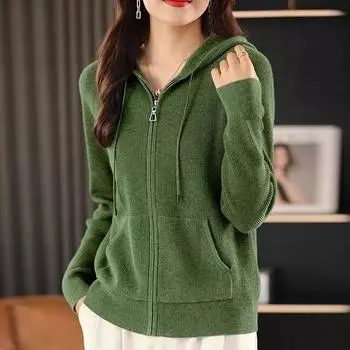 Осенний кардиган на молнии с капюшоном, свитер, куртка, женский корейский свободный вязаный свитер, повседневное пальто, женские топы S чёрный