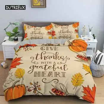 Осенний пододеяльник на День благодарения King Queen Cartoon Orange Pumpkin Turkey Комплект постельного белья Кленовые листья Мягкий полиэстеровый пододеяльник EU single(135x200cm)