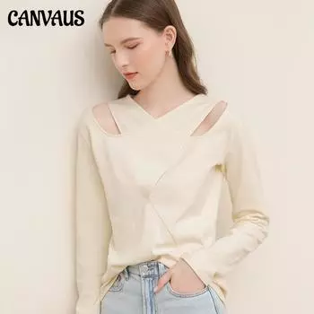 Осенняя блузка Canvaus Ins Tide с v-образным вырезом из чистого хлопка, свободная блузка с длинными рукавами и женской блузкой S хаки
