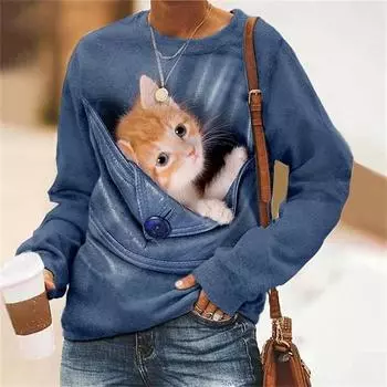 Осенняя женская футболка Kawaii Cat, свитер с длинными рукавами, модная уличная одежда, пуловер, женская футболка для девочек, одежда L