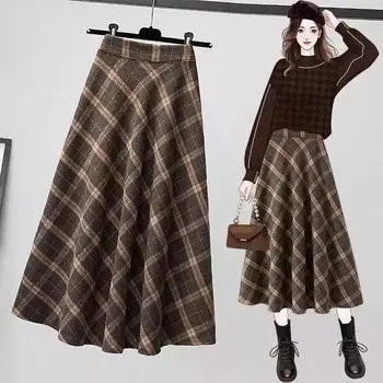 Осенняя женская клетчатая юбка с высокой талией XXXXL кофейный