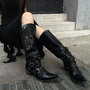 Остроконечные сапоги Hottie Coarse Heel Knight Boots Black Punk Style Niche Personality Boots American Wasteland Style Boots Female Retro 35 чёрный