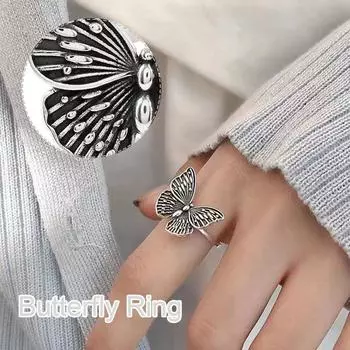 Открытое кольцо с бабочкой, женское модное женское кольцо, винтажное кольцо, кольцо серебряный