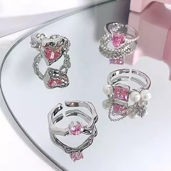 Открытые кольца для девочек в подарок розовые хрустальные кольца корейский стиль кольца Y2K металлические кольца женские ювелирные изделия A