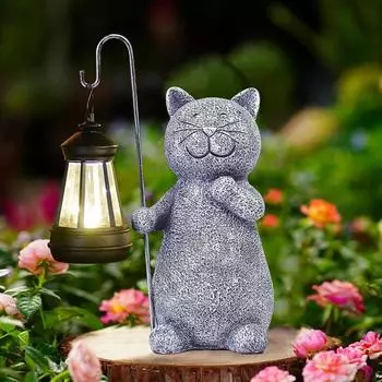 Открытый двор, декоративная солнечная лампа, котенок, подъемная лампа, статуя, садовое освещение, фигурки, солнечный свет, газон, двор, ночная декоративная лампа