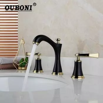 OUBONI Матовый черный золотой смеситель для ванной комнаты с креплением на палубе Stream 2 ручки Diamond из хромированной латуни 3 шт. смеситель для ванны и раковины кран белый