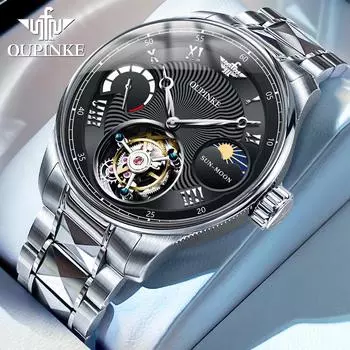 OUPINKE Мужские часы Tourbillon Механические полые водонепроницаемые мужские часы High-end Watch чёрный