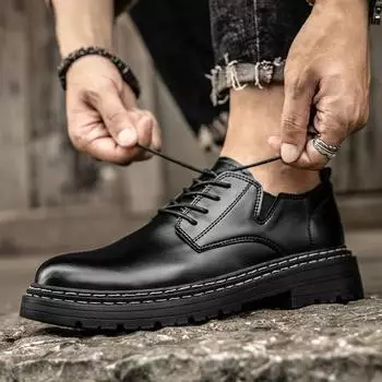 Outdoor Lace Up Wear Resistant Soft Bottom Oxford Shoes Work Shoes Leather Fashion Thick Soled Round Toe Casual Walking Shoes 38 чёрный