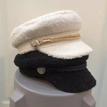 Outdoor lamb wool navy hat women s autumn and winter thickened warm flat top cap trendy fashion chain octagonal hat M56-58cm чёрный
