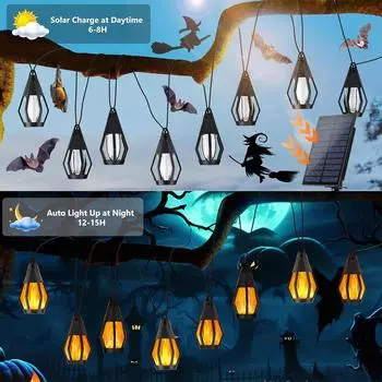 Outdoor Solar Lights Flickering Flame String Lights Decorative Hanging Patio Light for Garden Backyard Party Halloween Christmas
