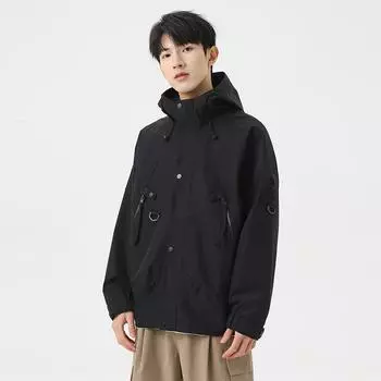 Outdoor Waterproof Hooded Spring Japanese Velcro Badge Couple Work Jacket Men Zipper M