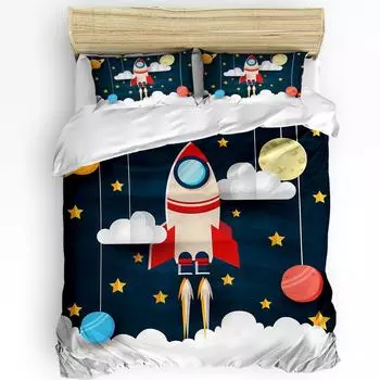 Космический мультфильм милый космический корабль ракета пододеяльник с наволочкой 3 шт. комплект постельного белья пододеяльник двуспальная кровать домашний текстиль EU single(135x200cm)