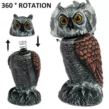 Owl Scare Bird Control Devices with 360° Swivel Head Waterproof Fake Owl Scarecrow Decoy Lifelike Simulation Owl Bird Deterrent