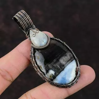 Подвеска из медной проволоки Owyhee Blue Opal, радужная медная бижутерия с лунным камнем, дизайнерский подарок для нее, изящная подвеска из драгоценного камня ручной работы