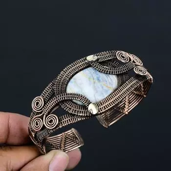 Owyhee Opal Gemstone Чистая медная проволока Обернутая вручную манжета/браслет Ювелирные изделия Adjustable синий