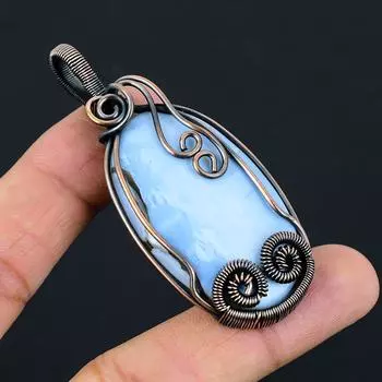 Owyhee Opal Gemstone Pure Copper Wire Wrapped Handmade Pendant Jewelry 2.83 Inches синий