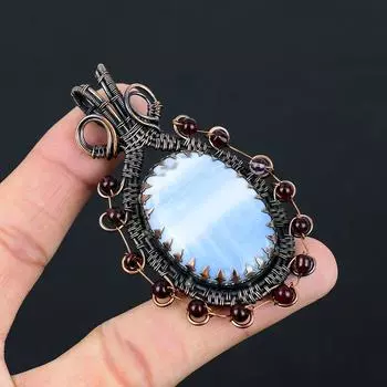 Owyhee Opal Gemstone Pure Copper Wire Wrapped Handmade Pendant Jewelry 2.95 Inches синий