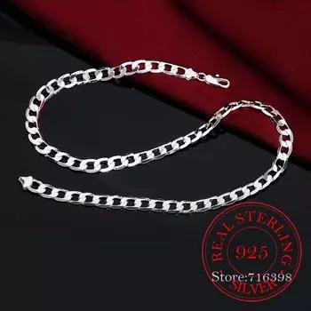 Ожерелье-цепочка из стерлингового серебра 925 пробы, 16/18/20/22/24 дюйма, 6 мм, плоская боковая цепочка Фигаро для женщин и мужчин, модные свадебные украшения 40cm