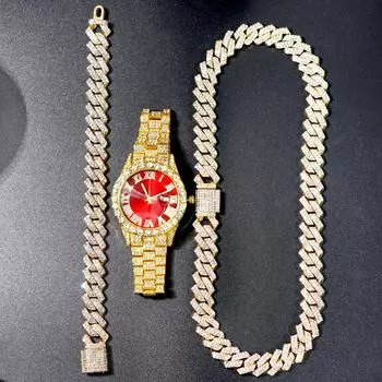 Ожерелье + часы + браслет Iced Out часы для мужчин хип-хоп 14 мм зубец кубинская цепочка рэпер кубинские ожерелья набор панк-вечеринка ювелирные изделия подарок width 14MM&8in and 16in