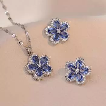 Ожерелье и серьги с кулоном из фиолетового цветка и циркония, подарочный комплект ювелирных изделий necklace синий