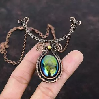 Ожерелье из лабрадорита Mystic Fire, медная проволока, ожерелье из драгоценных камней, регулируемое ожерелье, медные украшения ручной работы, уникальное ожерелье для подарка